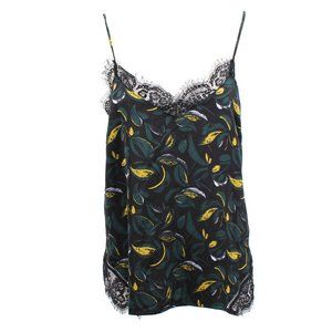 Contrast Lace Tank S / Green Print with Lace Detai